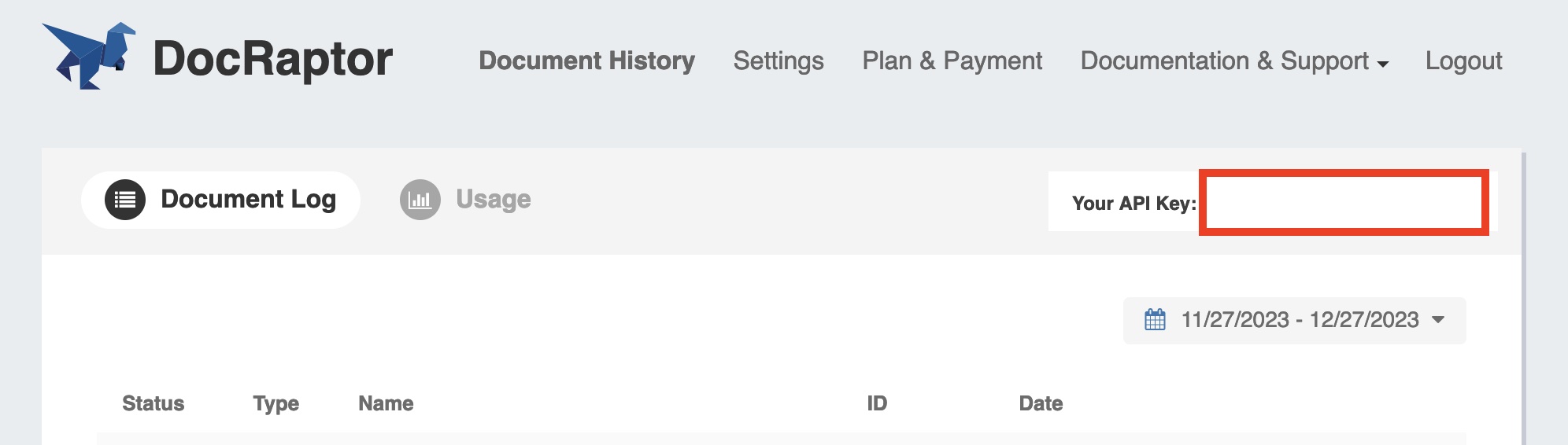 Screenshot of the DocRaptor account page, showing where you can find the API key.